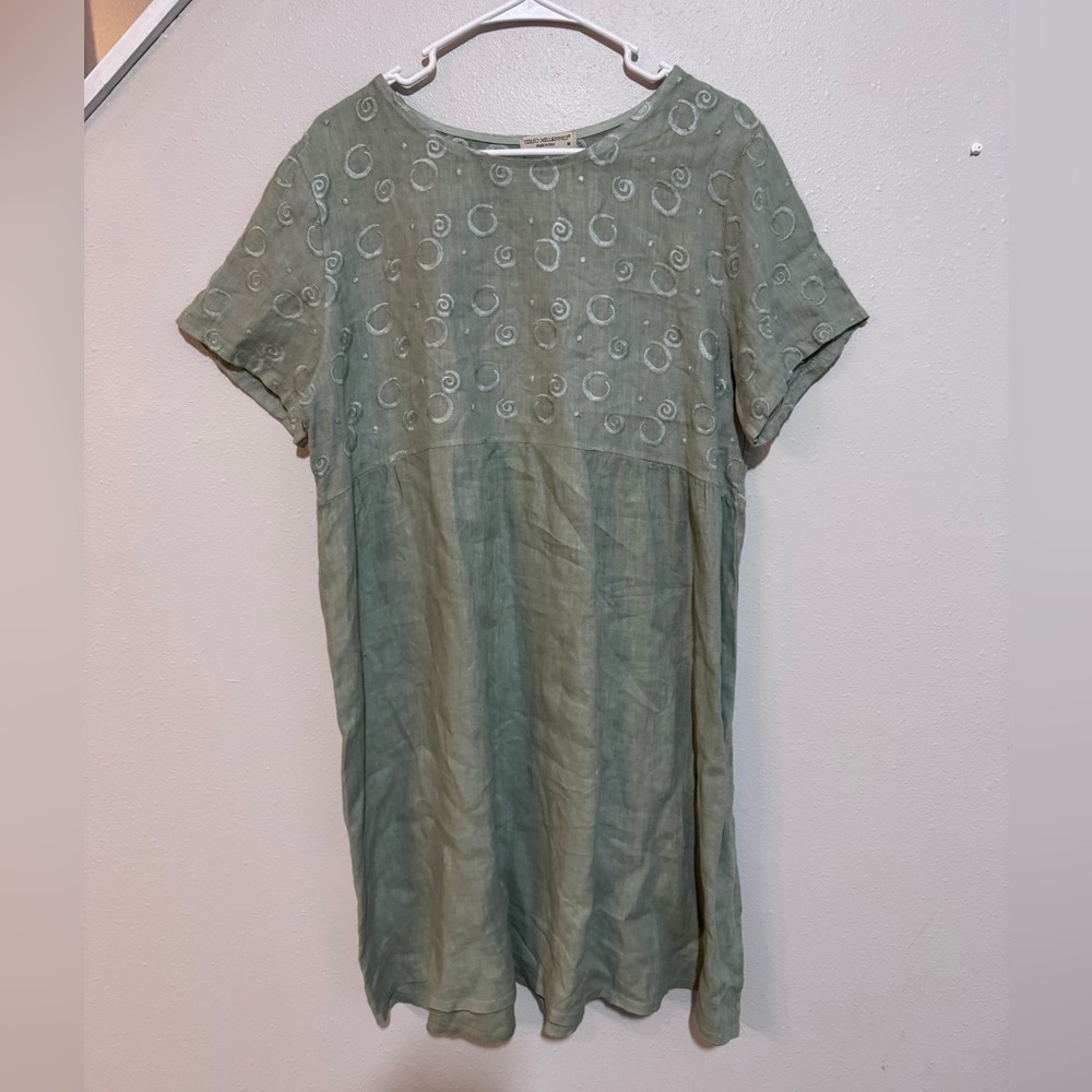 TERZO MILLENNIO Green Linen Embroidered Shift Dress Short Sleeve Knee Length M